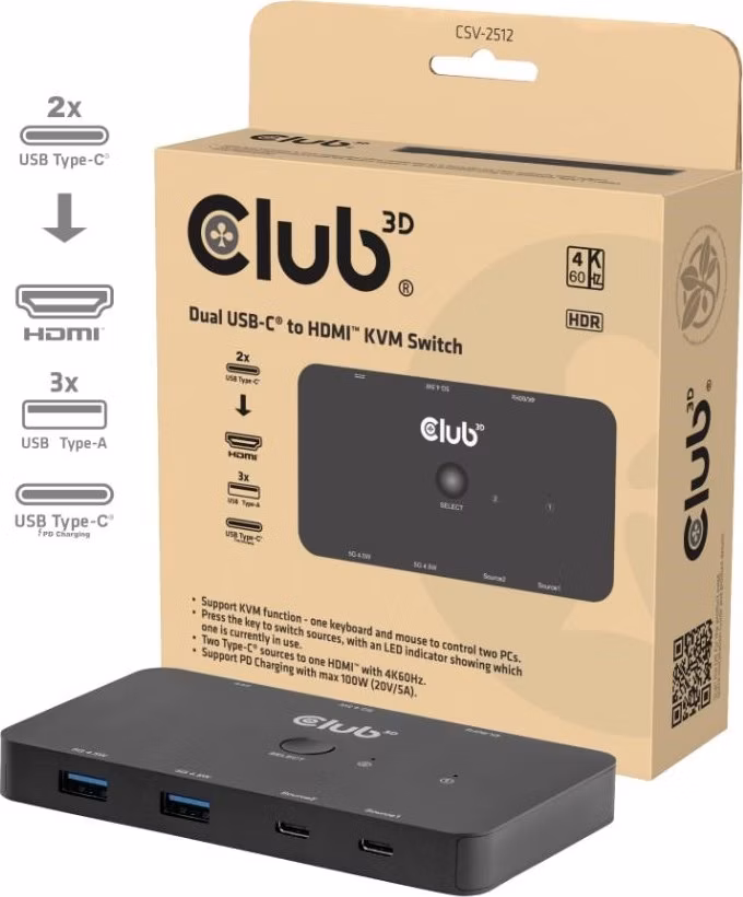 Club3D KVM Switch, 2xUSB-C na HDMI, 4K60Hz, PD 100W