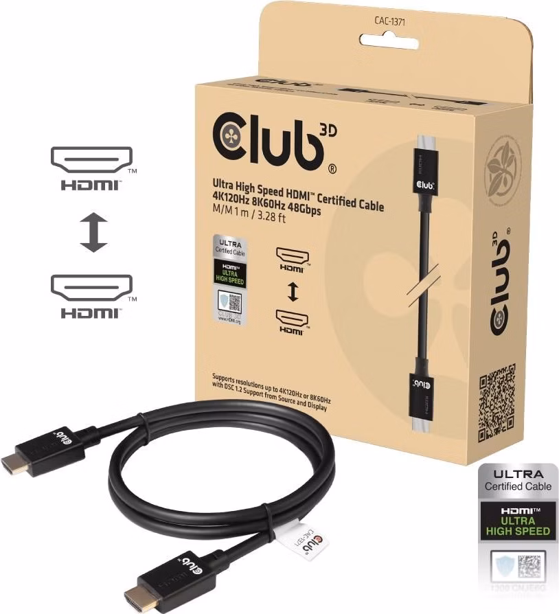 Club3D Kabel Ultra Rychlý HDMI™ Certifikovaný 4K 8K60Hz 48Gbps (M/M), 1m, 30 AWG