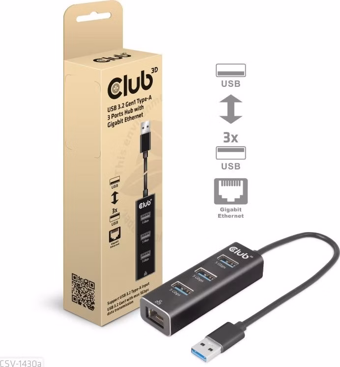 Club3D Rozbočovač, USB-A 3.2 Gen1 na 3x USB 3.1, Gigabit Ethernet