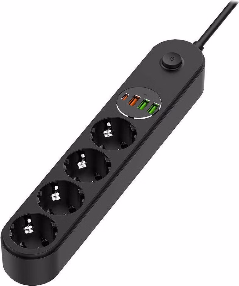 COLORWAY Prodlužovací napájecí přívod/ 4x Schuko/ 3x USB-A / 1x USB-C/ 45W/ Černý/ kabel 2m
