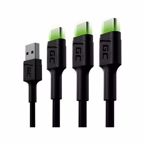 Green Cell Set 3x Cable GC Ray USB-C 200cm Cable with green LED backlight, fast charging Ultra Charge, QC 3.0