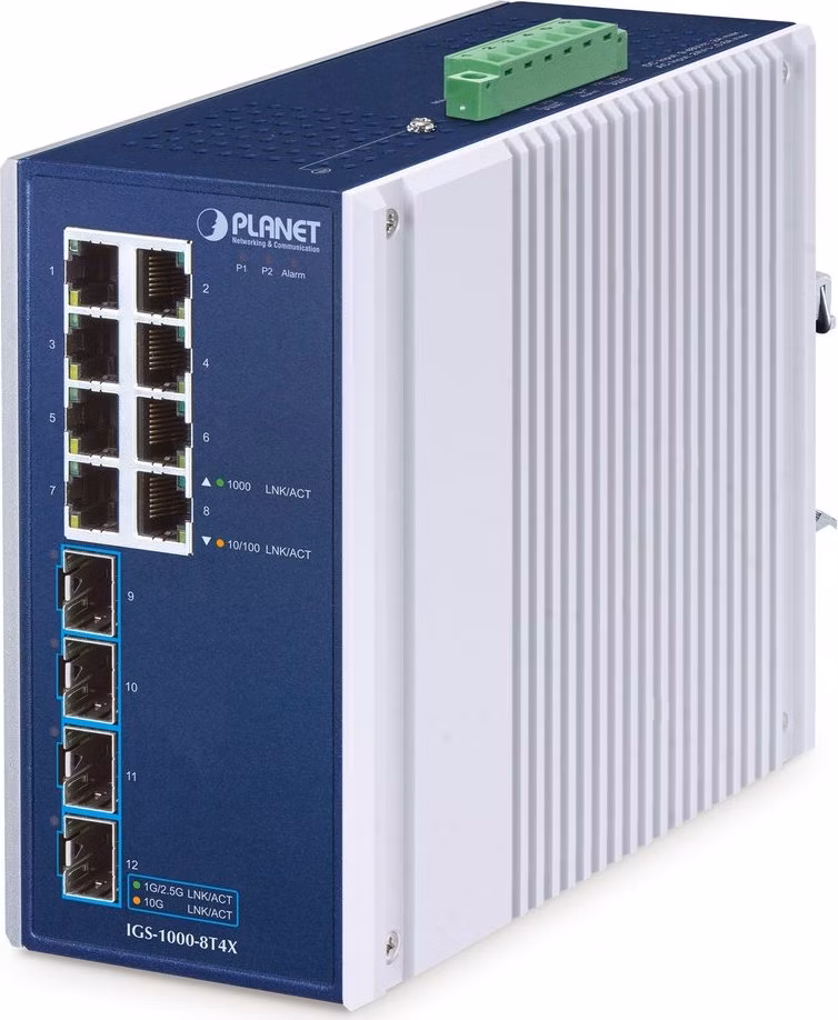 Planet IGS-1000-8T4X průmyslový L2 switch, 8x1Gb, 4x10Gb SFP+, -40~75°C, 9-48VDC, IP30, fanless