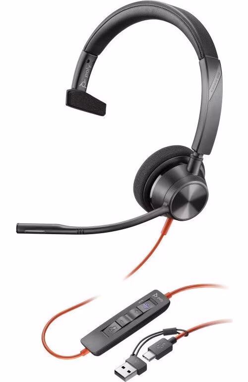 Poly Blackwire 3310 Monaural Microsoft Teams Certified USB-C Headset +USB-C/A Adapter