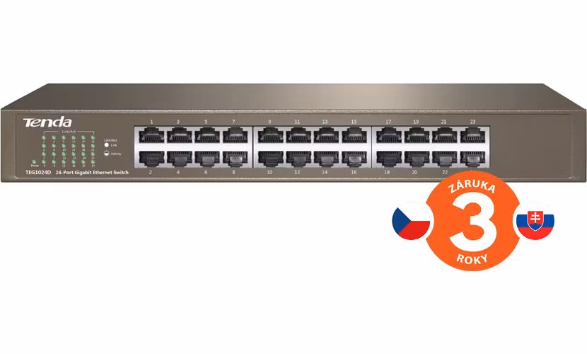 Tenda TEG1024D 24-portový gigabitový ethernetový prepínač, 10/100/1000 Mb/s, bez ventilátora, montáž do racku
