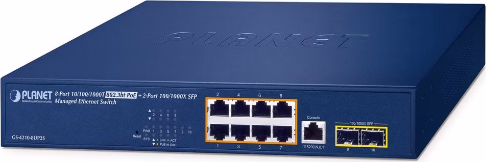 Planet GS-4210-8UP2S L2/L4 switch, 8x1Gb, 2x1Gb SFP, 8x PoE 802.3bt 180W, 0~50°C , QoS
