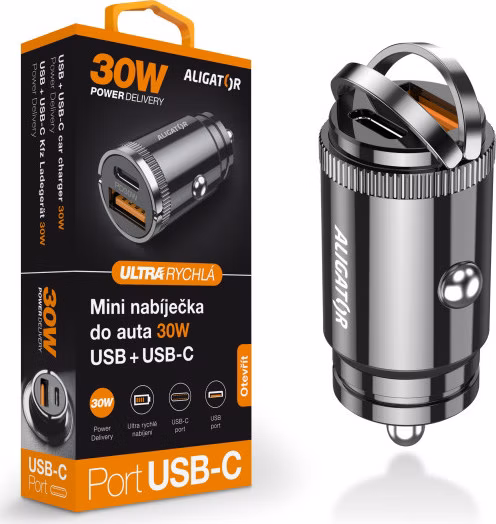 Aligator mini nabíjačka do auta Power Delivery 30W, USB-C + USB-A