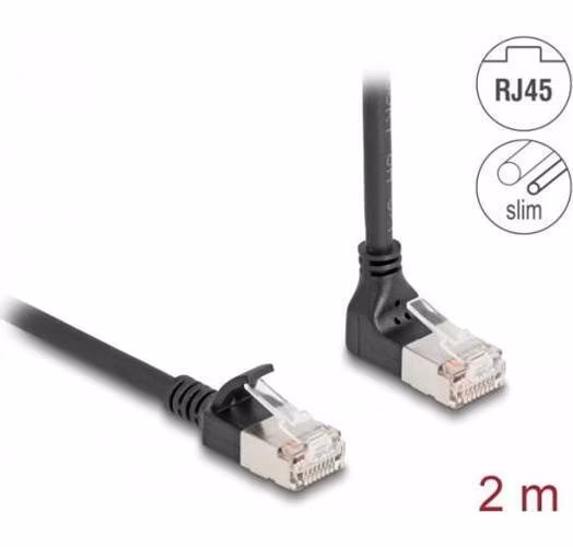 Delock Síťový kabel RJ45 Cat.6A S/FTP, Slim, zalomený nahoru o 90° / přímý, 2 m, černý