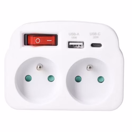 Solight rozbočovač 2 x 16A, USB A+C rychlonabíjačka 20W PD, biely, vypínač