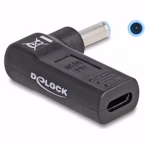 Delock Adaptér na kabel na nabíjení laptopu, ze zásuvky USB Type-C™ na zástrčku HP 4,5 x 3,0 mm, úhlový 90°