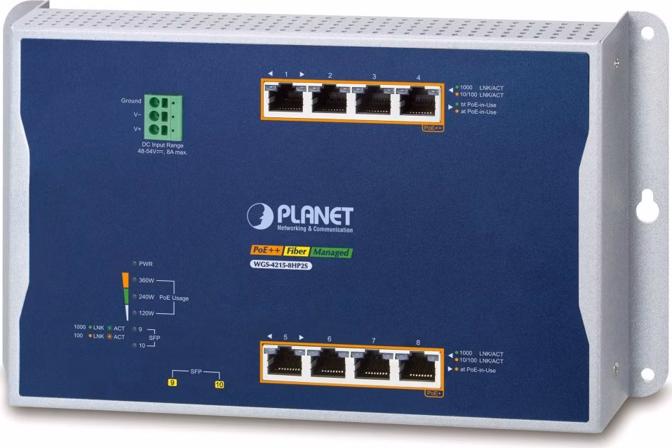 Planet WGS-4215-8HP2S plochý L4 switch, 8x1Gb, 2x1Gb SFP, 4+4 PoE 802.3at/bt 360W, 48-56VDC, -40~75°C, IP30, fanless
