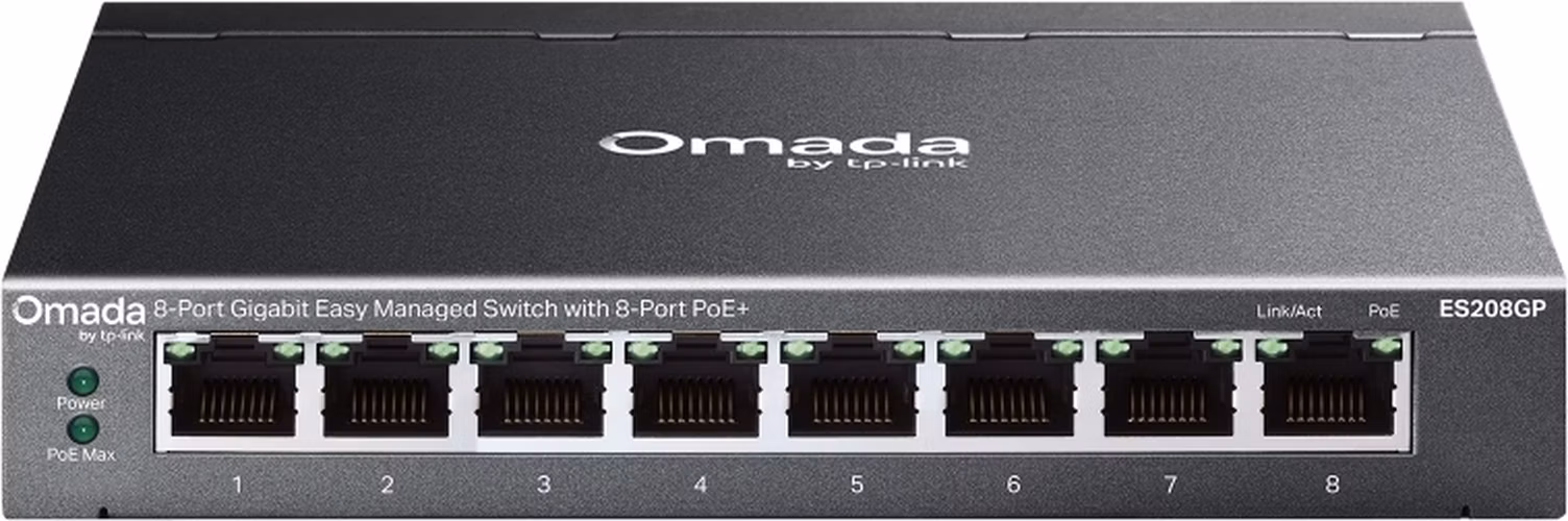 "Omada 8-Port Gigabit Easy Managed Switch with 8-Port PoE+ PORT: 8× Gigabit PoE+ Ports SPEC: 802.3at/af, 64 W PoE Power,