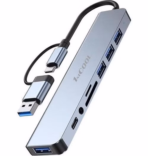 1stCOOL hliníkový USB HUB 8 in 2, USB-C/USB-A - USB3.0, USB-C, čítačka kariet, audio