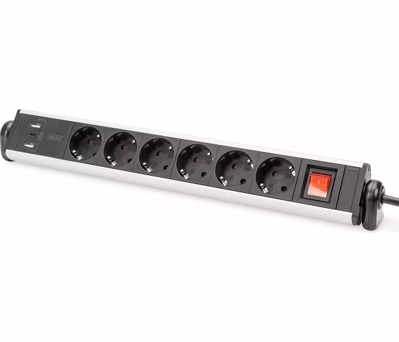 Digitus Prodlužovací přívod 230V 1,5m 6 zásuvek+vypínač+2xUSB-A+1xUSB-C