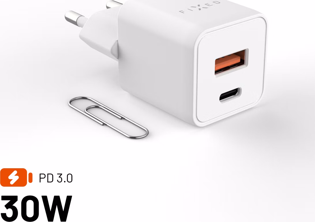 FIXED GaN Mini Sieťová nabíjačka s USB-C a USB výstupom a podporou PD, 30W, biela
