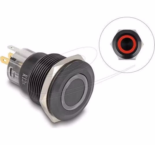 Delock Push Switch pro instalaci černý 22 mm 12 V 5 x pájené připojení LED červený kroužek