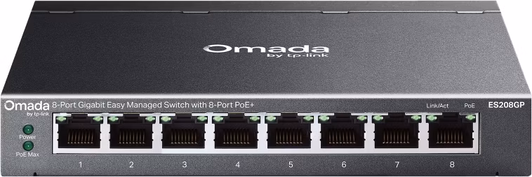 "Omada 8-Port Gigabit Easy Managed Switch with 8-Port PoE+ PORT: 8× Gigabit PoE+ Ports SPEC: 802.3at/af, 64 W PoE Power,