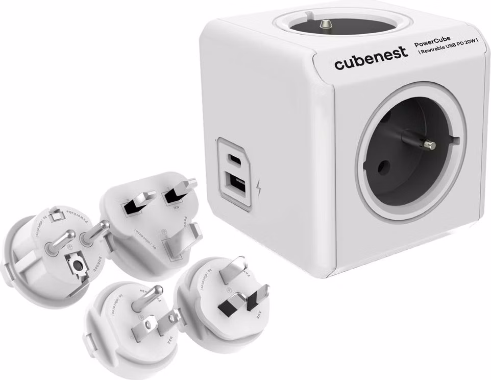 Cubenest Powercube ReWirable USB PD 20W, A+C, 4× zásuvka, bílá/šedá, 4 cestovní koncovky, dětská pojistka, uzemnění