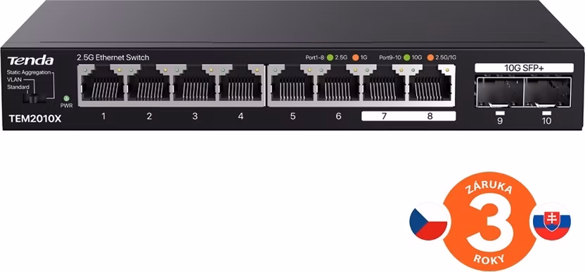 Tenda TEM2010X - Multi-gigabit switch, 8x 2.5G RJ45 + 2x 10G SFP+ port, MAC 16K, ochrana 6kV