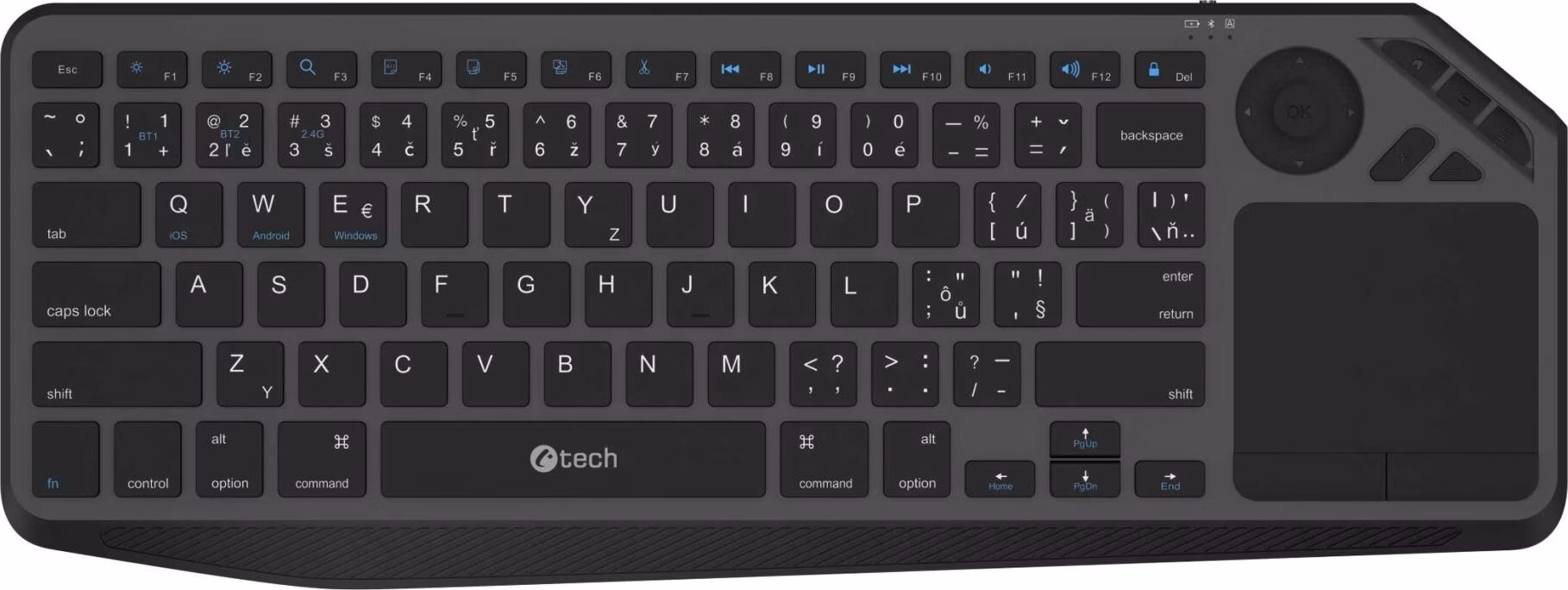 C-TECH klávesnice WLTK-02, Dual mode, BT5.0 + 2,4GHzb, bezdrátová s touchpadem, černá