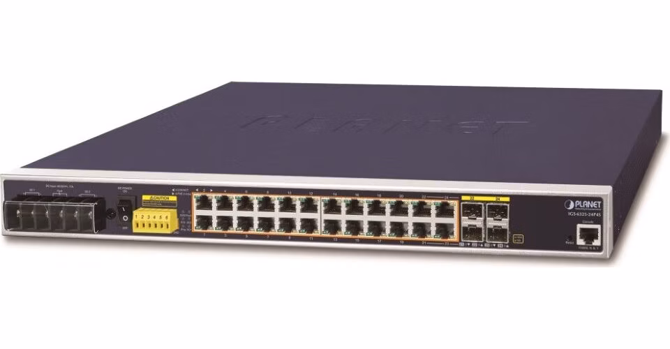 Planet IGS-6325-24P4S průmyslový L3 switch, 24x1Gb, 4x1Gb SFP, PoE 802.3at 440W, 48-56VDC, -40~75°C, IP30, fanless