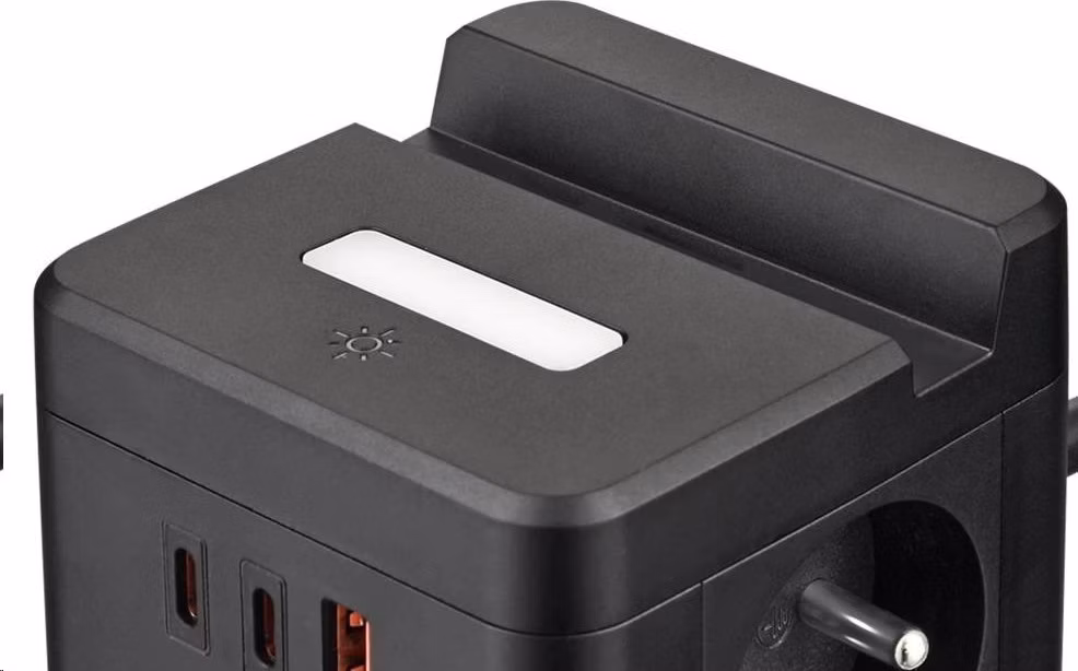 Viking síťový adaptér YC23H, 2x 230 V, 1x USB-A, 2x USB-C, dotykové světlo, funkce stojánku, černá