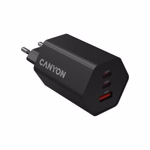 Canyon Hexagon 65, vysokorýchlostná univerzálna nabíjačka do steny, 65W, 2x USB-C + 1x USB-A, čierna