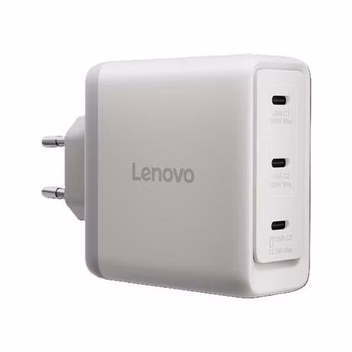 Lenovo CONS Multi-port USB-C 100W GaN Charger = napájecí adaptér s 3x UBS-C v bílé barvě