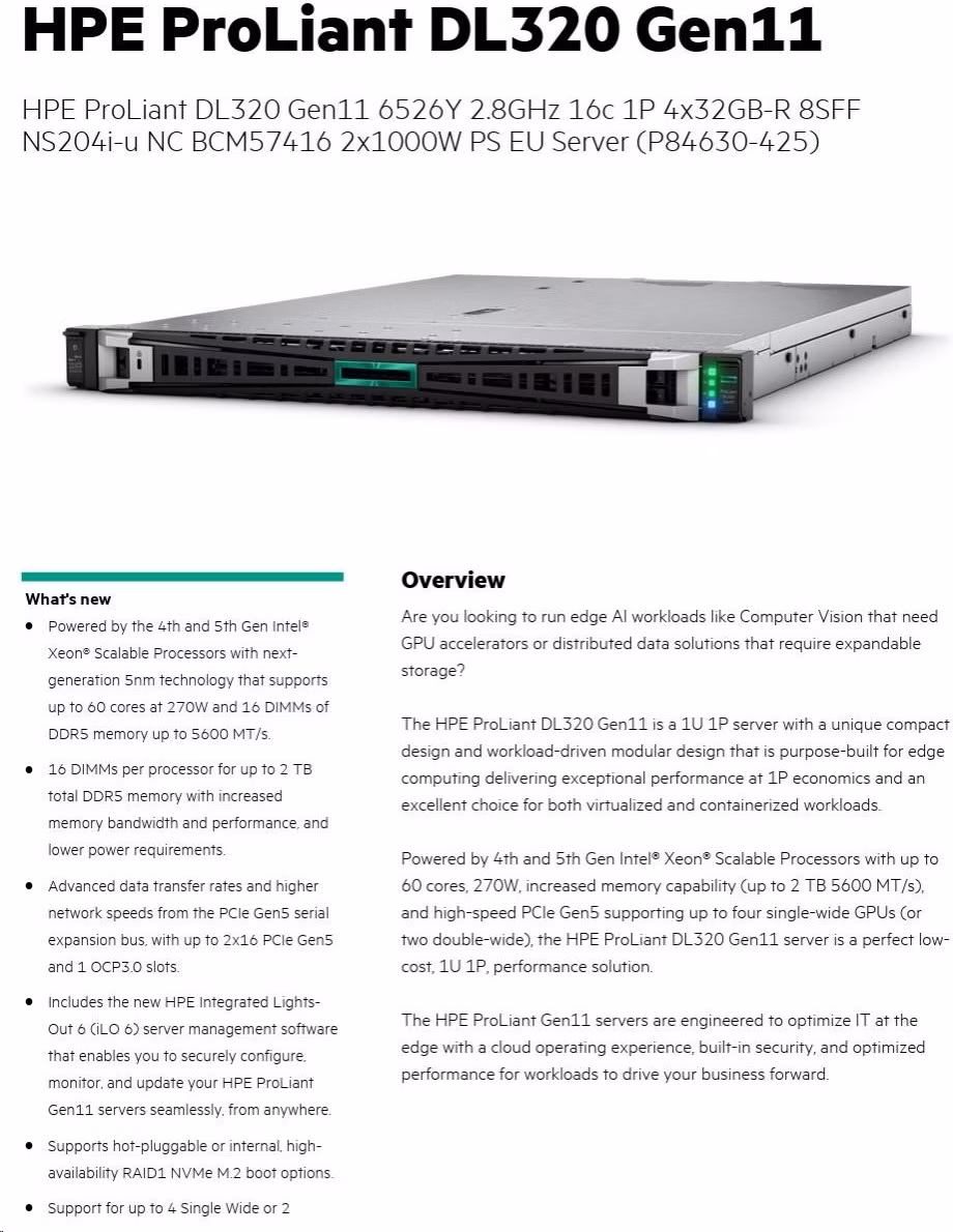 HPE PL DL320g11 6526Y (2.8/16C) 4x32G (p64706) 8SFF NS204(2x480G) 2x1000W 2p10GT 7F Smart Choice