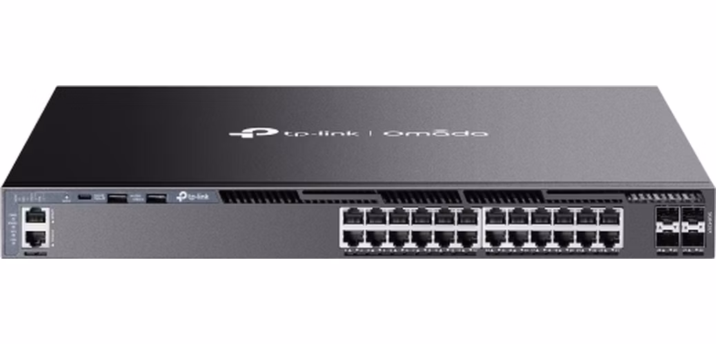 Omada 24-Port Gigabit Stackable L3 Managed Switch with 4 10GE SFP+ Slots PORT: 24× Gigabit RJ45 Ports, 4× 10G SFP+ Slots