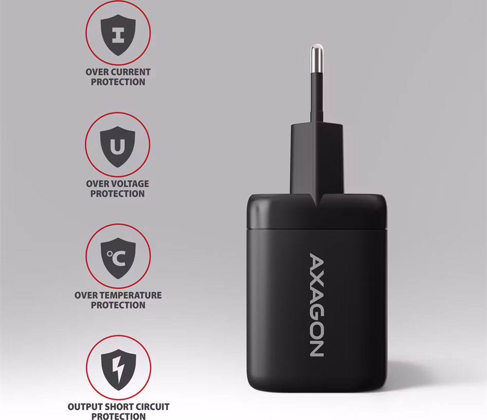 AXAGON ACU-PQ100, GaN nabíjačka do siete 100W, USB-A+USB-C, PD3.0/PPS/QC4+/SFC2.0/Apple, čierna