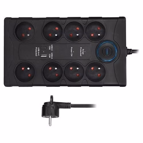 Solight přepěťová ochrana, 8z, USB A+CA, 2m, černá