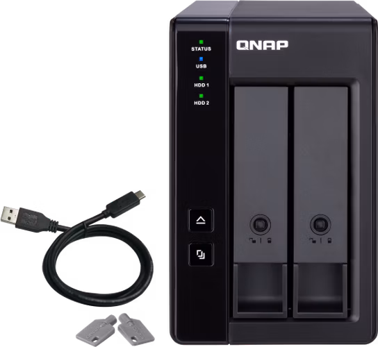 QNAP 2-bay 3.5" SATA HDD USB 3.1 Gen2 10Gbps type-C hardware RAID external enclosure. USB-C to USB-A cable included. Expansion uni