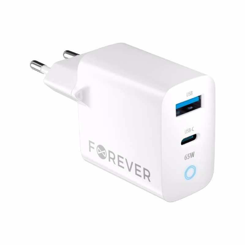Rýchlonabíjačka do siete Forever GaN TC-06-65AC PD QC 1x USB-C 1x USB 65W biela