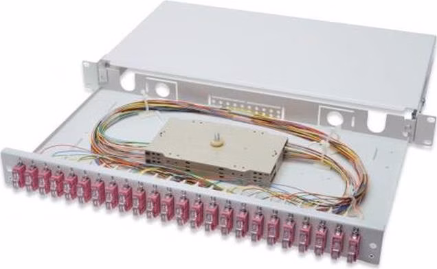 Digitus Fiber Optic Sliding Splice Box, 1U, Equipped 24x SC duplex, incl. M 25 Screw, Splice Cassette OM4 Color Pigtails, Adapter