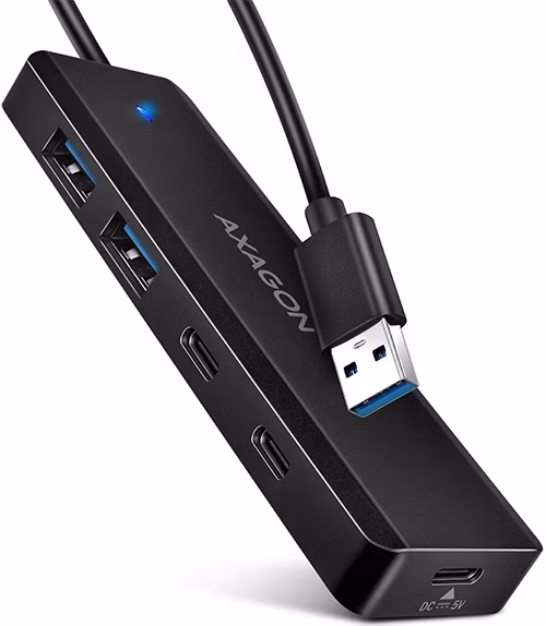 AXAGON HUE-C2A, 4× USB 5Gbps TRAVEL hub, 2× USB-A + 2× USB-C, USB-C napájanie, 19 cm USB-A kábel