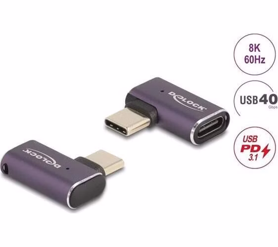 Delock USB Adaptér 40 Gbps USB Type-C™ PD 3.1 240 W samec na samice pravoúhlý levý / pravý 8K 60 Hz kovová