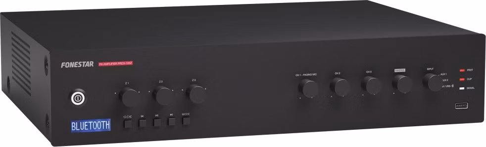 Fonestar 3-zónová 100V ústředna 120 W, BT/USB/FM, nez hlas zón, 2× Mic/Line + Phantom, vent chlazení