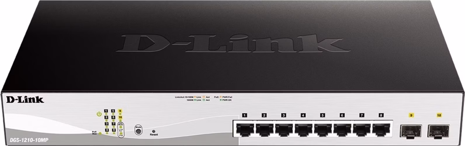 D-Link DGS-1210-10MP 10-portový gigabitový Smart+ PoE switch, 8x GbE PoE+, 2x SFP, PoE 130W, bez ventilátora
