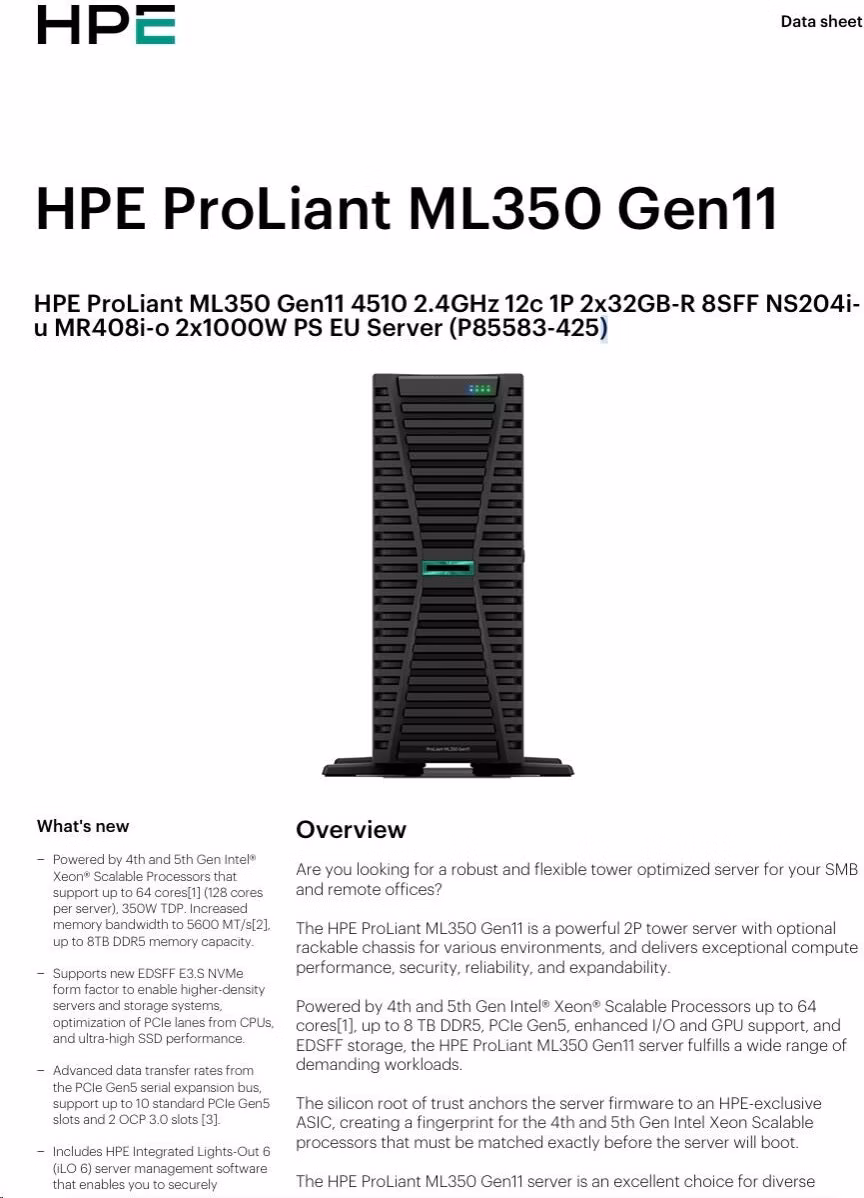 HPE PL ML350g11 4510 (2.4G/12C) 2x32G (P64706) NS204(2x480) MR408i-o 2x1000W 8SFF 4p1Gb Smart Choice