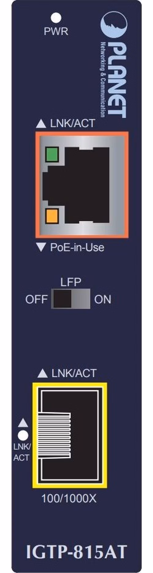 Planet IGTP-815AT konvertor RJ45/SFP, 1Gbps, PoE injektor 802.3at, -40 až 75 st.C, IP30, EFT+ESD, malý rozměr
