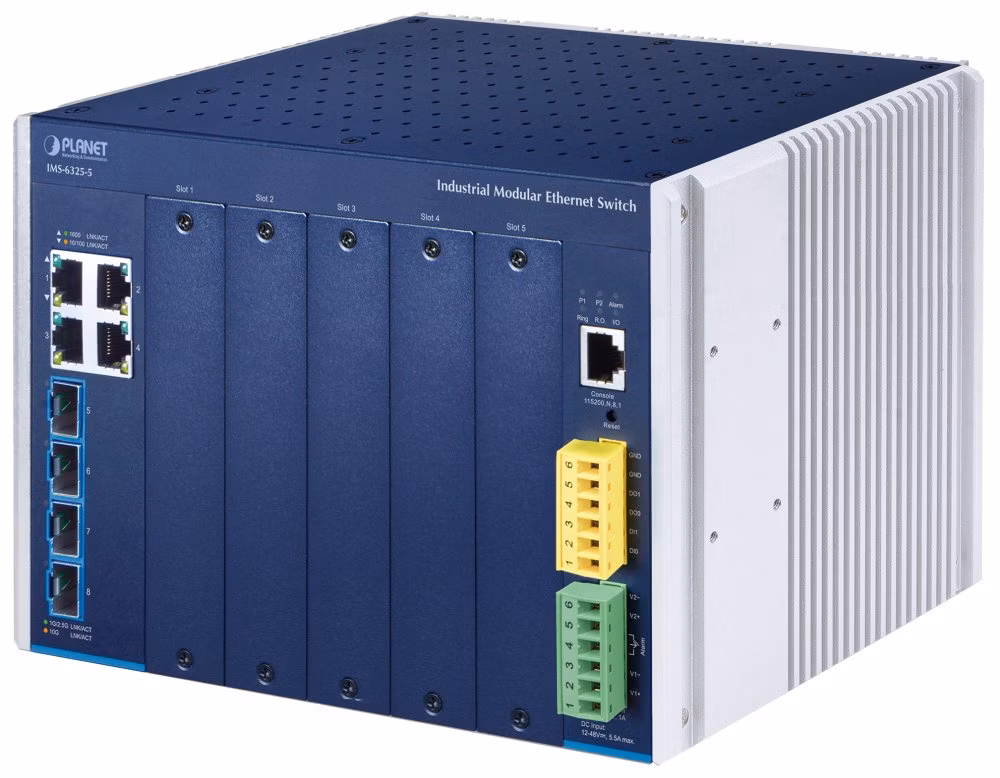 Planet IMS-6325-5 průmyslový L3 modulární switch, 4x1G, 5 slotů pro přídavné moduly IMS, IP30, -40~75°C, Dual 12~48VDC
