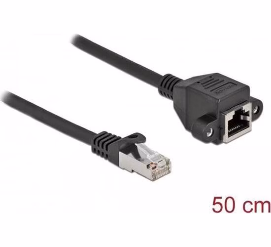 Delock Prodlužovací síťový kabel, ze zástrčky S/FTP RJ45 na zásuvku RJ45, Cat.6A, délka 50 cm, černý