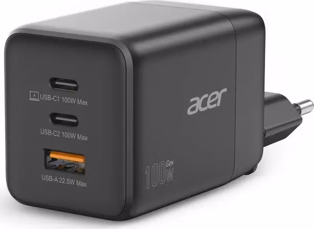 Acer 100W GaN charger - Black; 3 nabíjecí porty: 2x USB-C + 1x USB-A; rychlé nabíjení (PD3.0, PPS, Quick Charge) EU+UK;obal,černý
