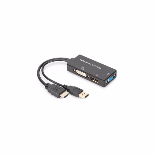 Digitus HDMI Kabelový převodník , HDMI - DP+DVI+VGA M-F/F/F, 0,2 m, Multi-Media 3v1, CE, bl, zlato