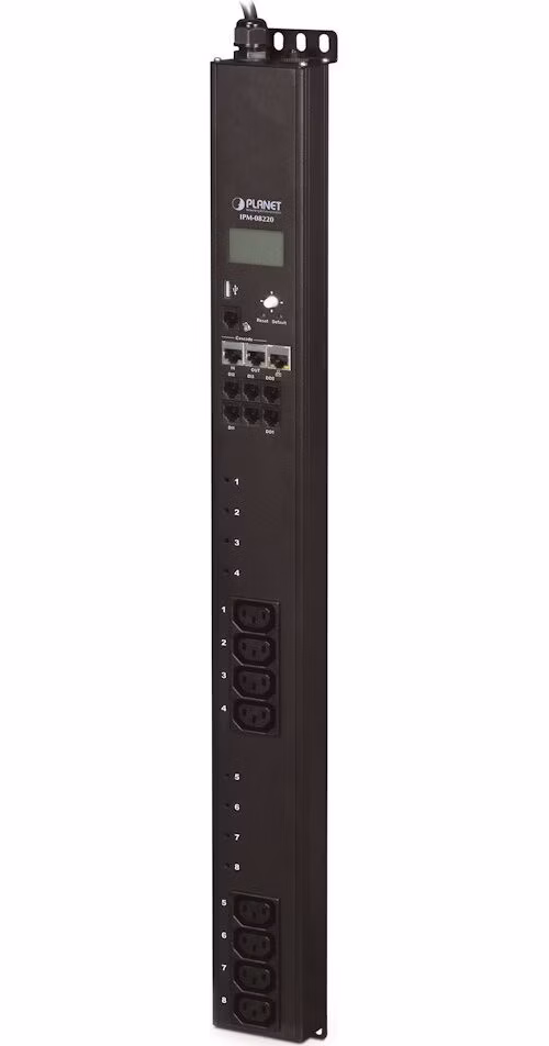 Planet IPM-08220, IP vertikální ovládání 8x zásuvek 240V/10A, 0U Rack, LED+displej, 2 kaskádové porty, port pro senzor