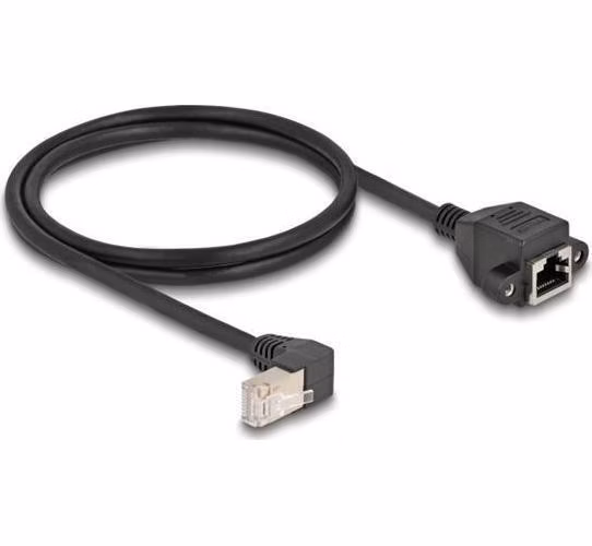 Delock Síťový prodlužovací kabel ze zástrčky S/FTP RJ45, pravoúhlý (90°), na integrovanou zásuvku RJ45, Cat.6A, 1 m, černý