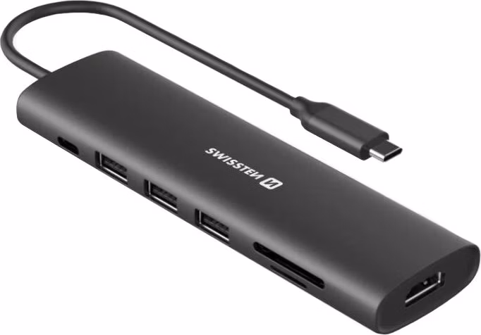 Swissten usb-c hub 7-in-1 (usb-c 100w, hdmi 4k, 1x usb-a 3.0, 2x usb-a 2.0, sd, micro sd) aluminium
