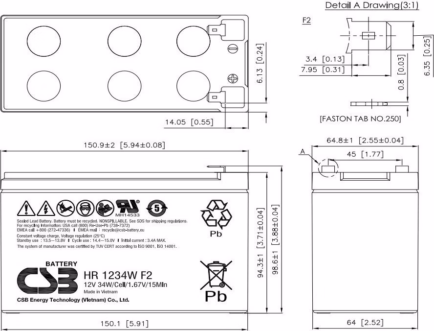 Batéria CSB HR1221WF2; 12V; 5Ah/21W, F2
