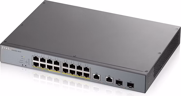 Zyxel GS1350-18HP 18portový inteligentný spravovaný CCTV PoE switch, dlhý dosah, 250W, 16x GbE, 2x combo RJ45/SFP
