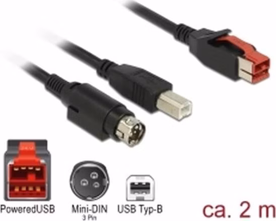 Delock PoweredUSB kabel samec 24 V > USB Typ-B samec + Hosiden Mini-DIN 3 pin samec 2 m pro POS tiskárny a terminály